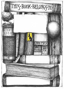 stacked books bookplate